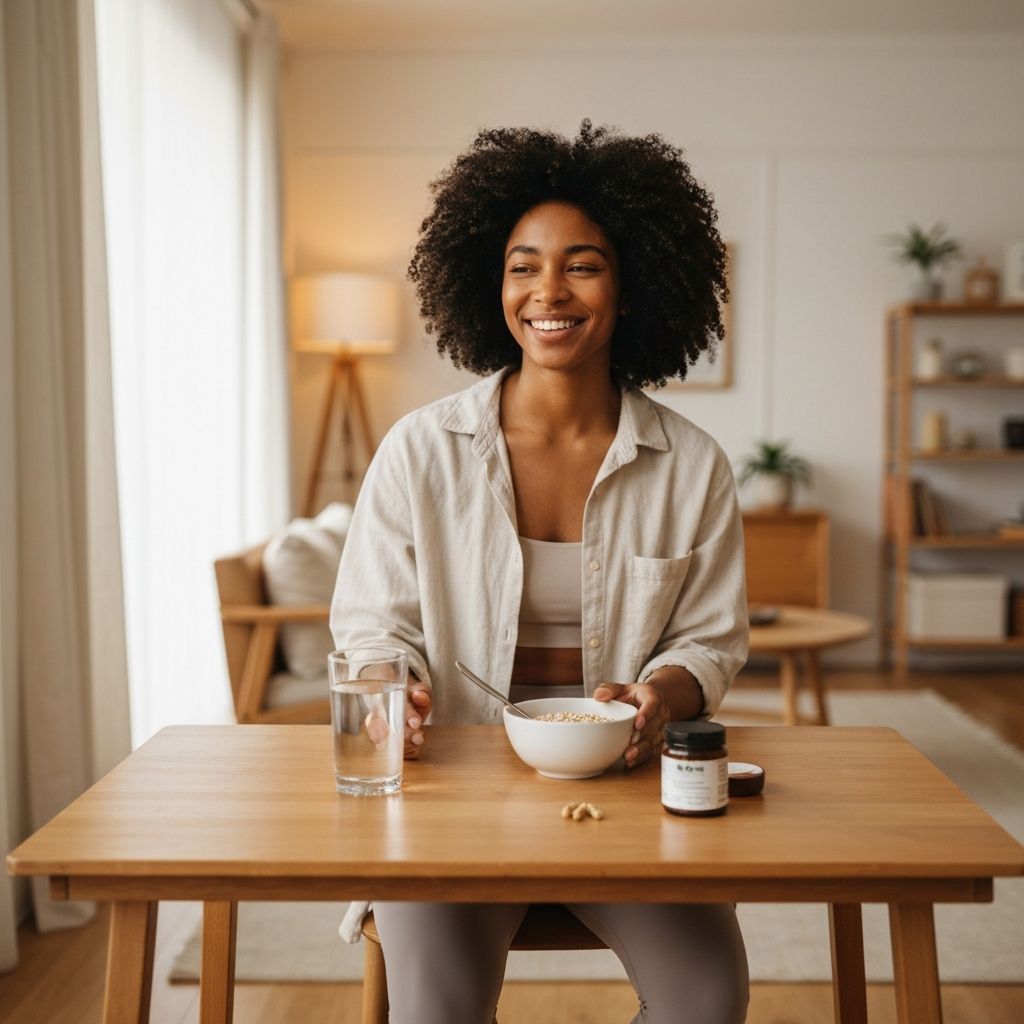 Person incorporating wellness into daily morning routine with natural supplements at breakfast table