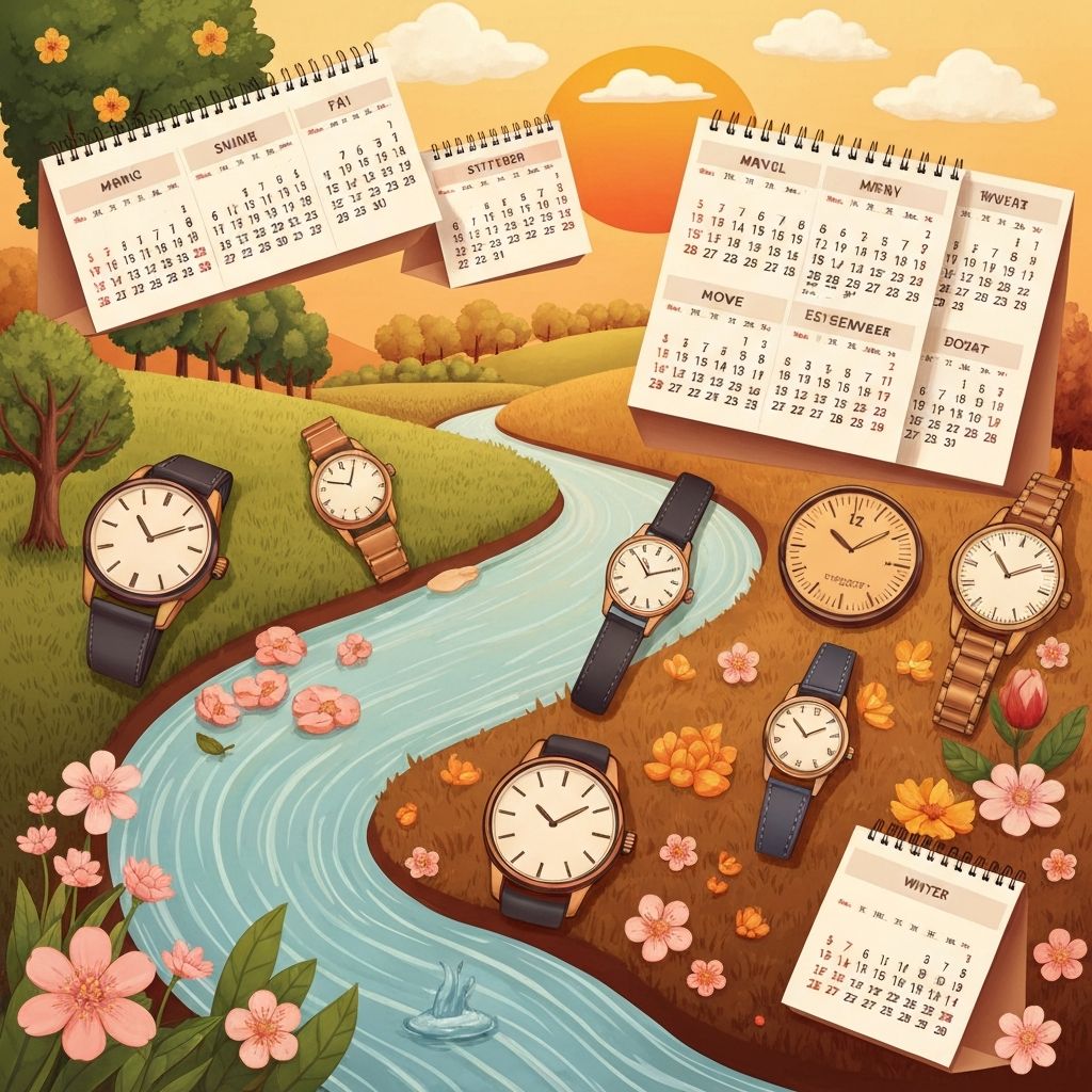 Natural elements showing time progression through seasons, calendars and watches symbolizing time passing in warm earthy tones